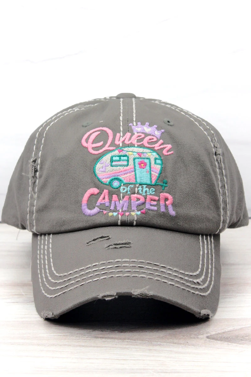 Gray cap with 'Queen of the Camper' text and caravan design on a white background