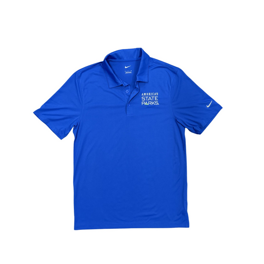 Blue Nike polo shirt with 'America's State Parks' in white text