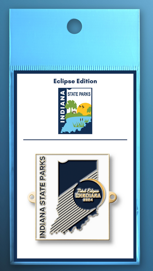 Indiana State Parks metal hiking medallion with state outline and 'total eclipse Indiana 2024' text on a white background