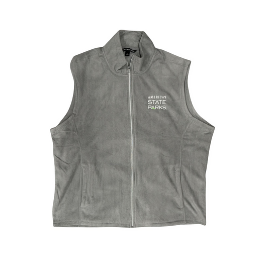 Men's gray fleece vest with 'America's State Parks' logo in white text