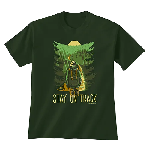 Green t-shirt with a graphic of a hiker in a forest and 'Stay on Track' text on a white background