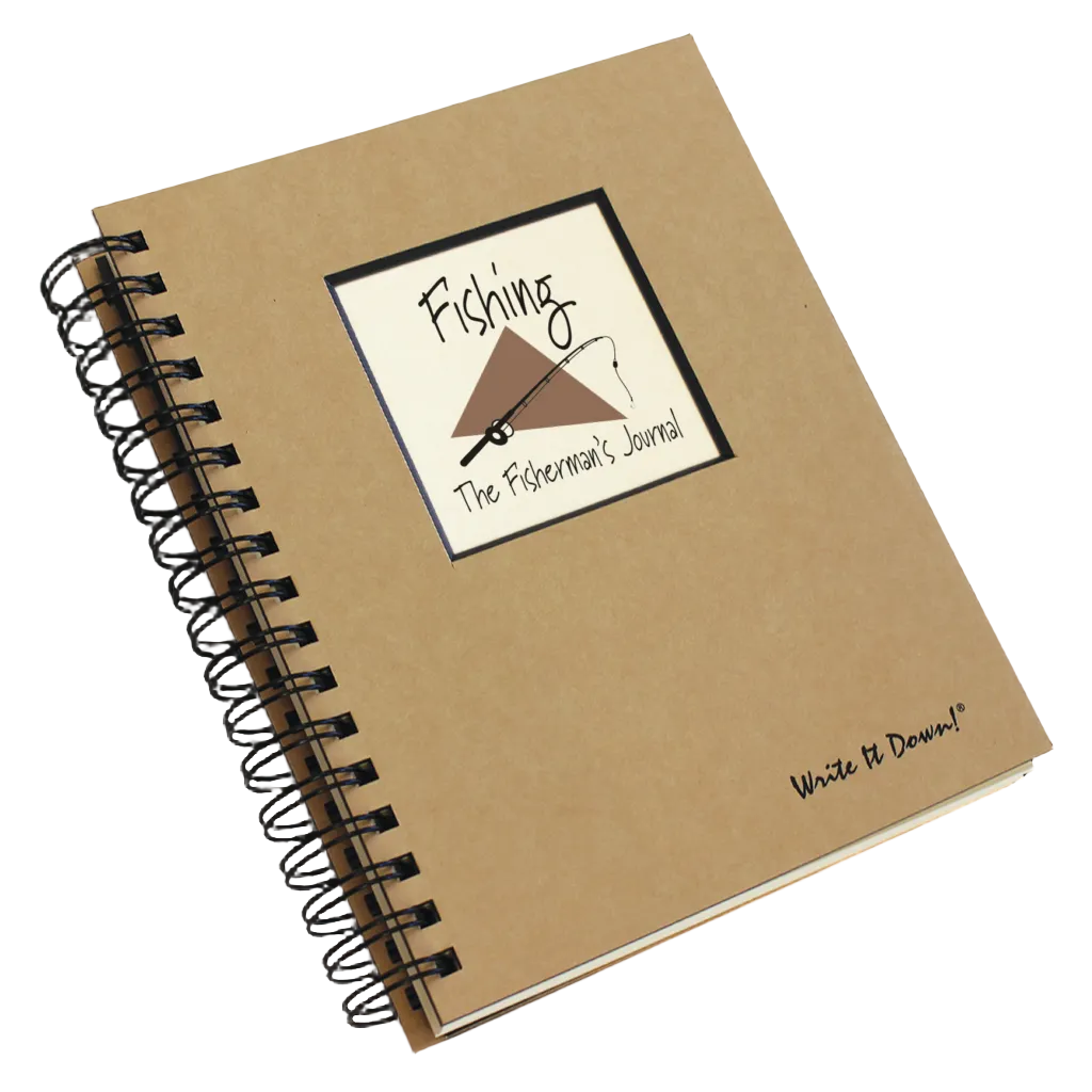 Notebook titled 'Fishing The Fisherman's Journal' with a logo on a white background