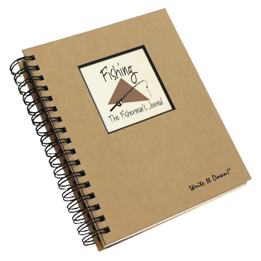 Notebook titled 'Fishing The Fisherman's Journal' with a logo on a white background