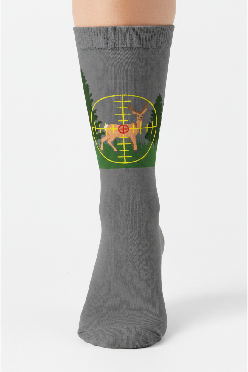 Sock with a deer in the crosshairs design on a gray background