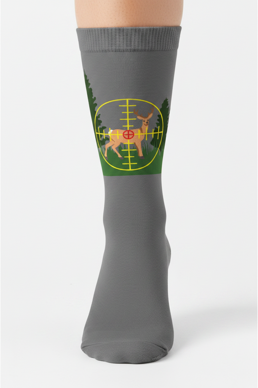 Sock with a deer in the crosshairs design on a gray background
