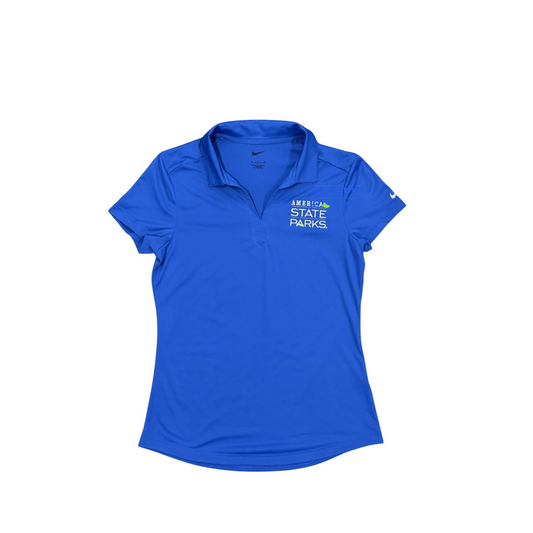 Women's Nike blue polo shirt with 'America's State Parks' in white text