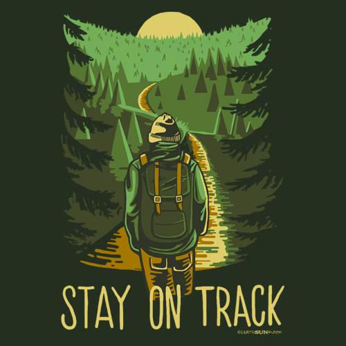 Illustration of a person hiking through a forest with 'Stay on Track' text.
