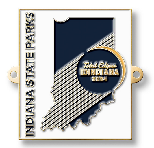 Indiana State Parks metal hiking medallion with state outline and 'total eclipse Indiana 2024' text on a white background