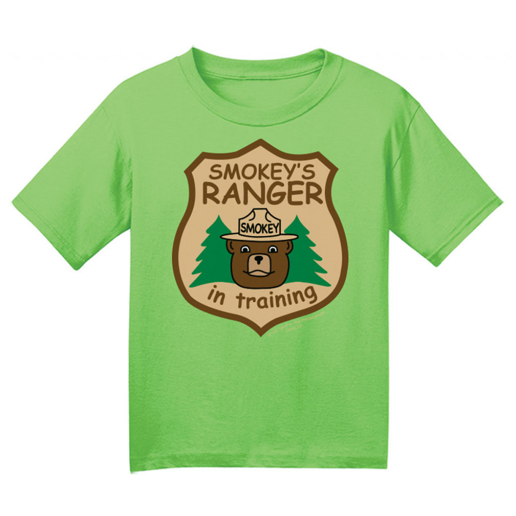 Green t-shirt with Smokey the Bear graphic on a white background