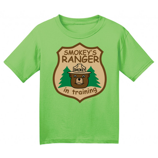 Green t-shirt with Smokey the Bear graphic on a white background