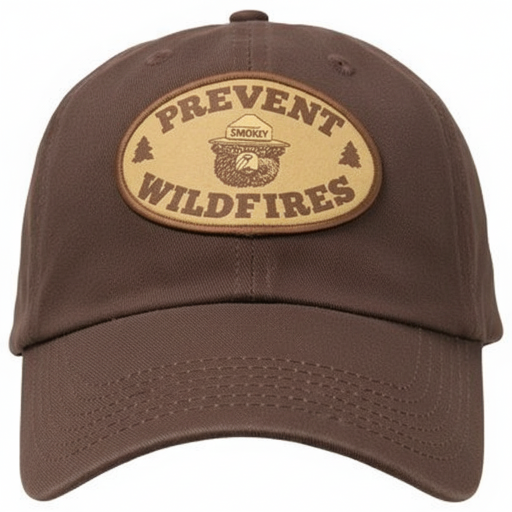 Brown cap with 'Prevent Wildfires' patch on a white background