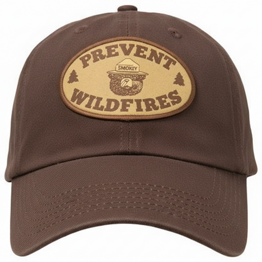 Brown cap with 'Prevent Wildfires' patch on a white background