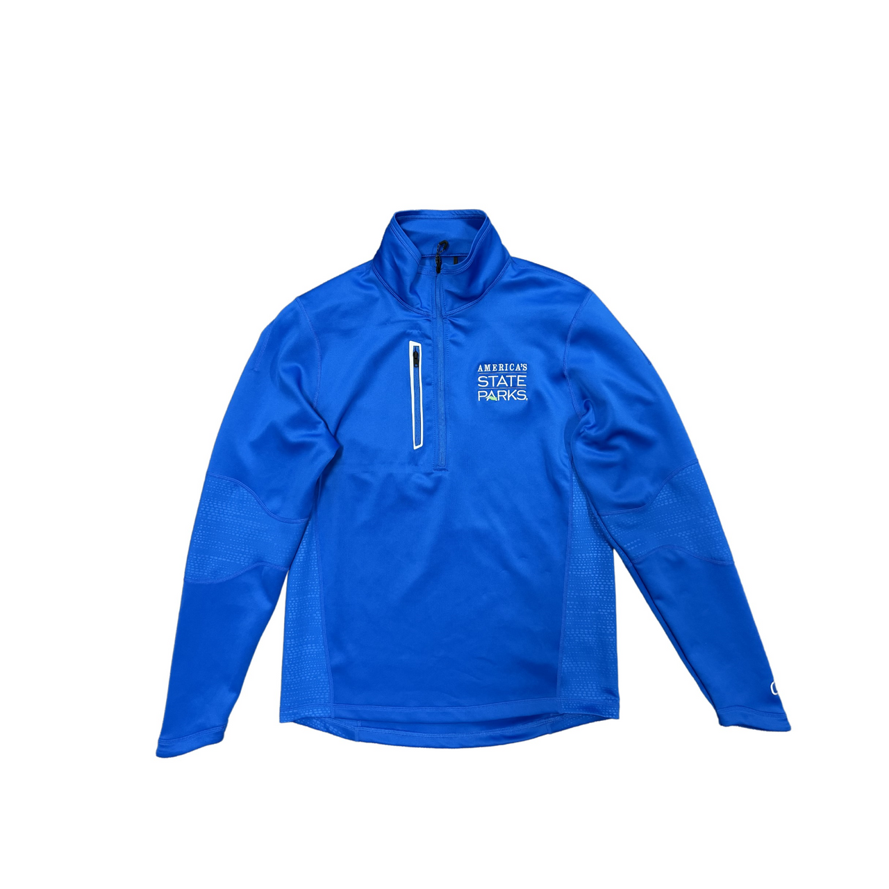 Blue pullover with 'America's State Parks' logo in white text and vertical zipper pocket
