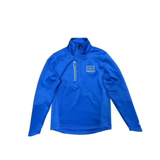 Blue pullover with 'America's State Parks' logo in white text and vertical zipper pocket