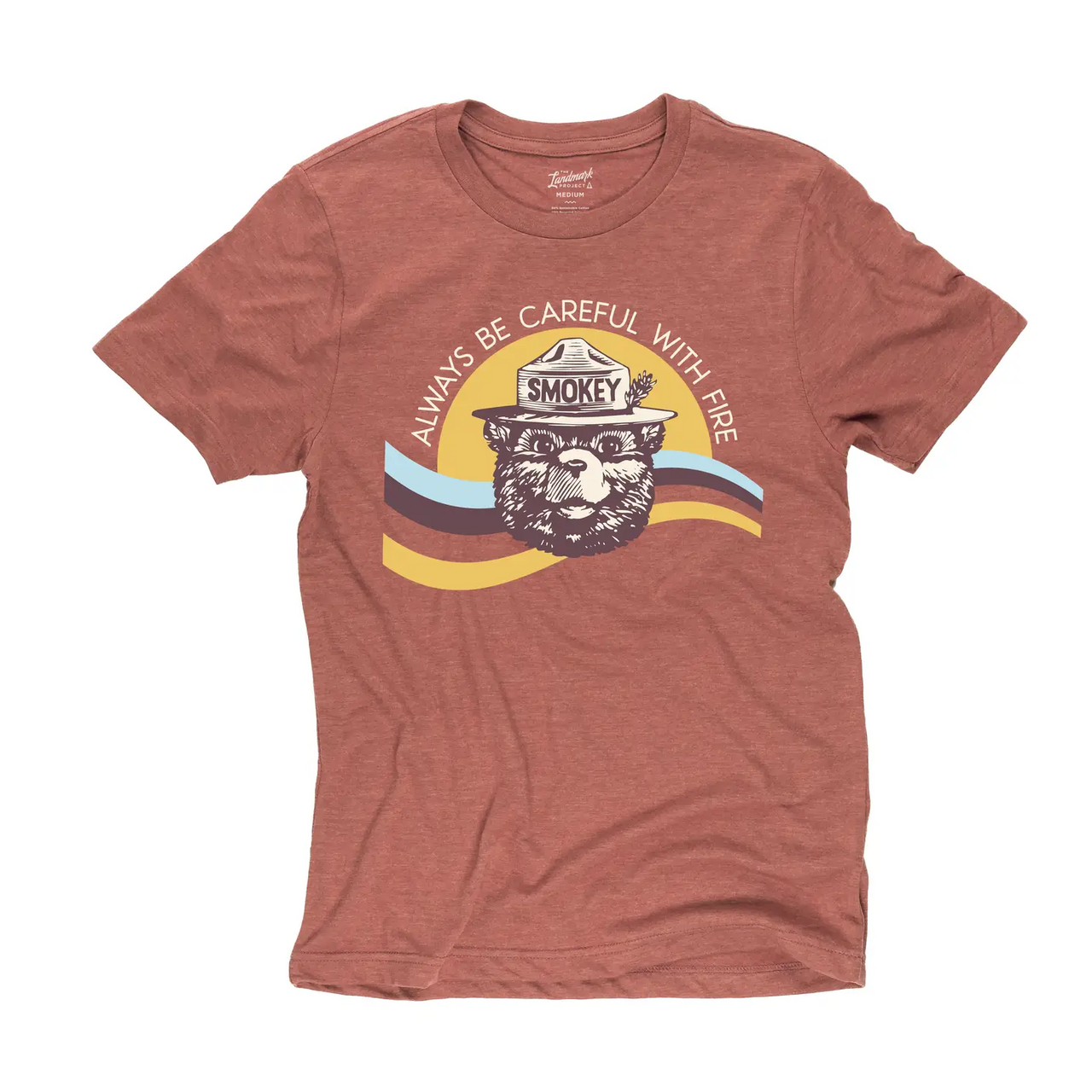 Red t-shirt with Smokey Bear graphic on a white background