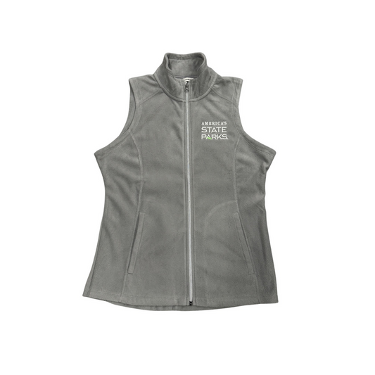 Women's gray vest with 'America's State Parks' logo in white text