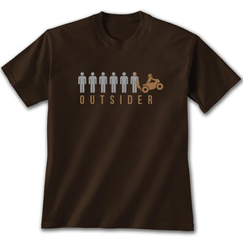 Brown t-shirt with graphic design and 'OUTSIDER' text on a white background