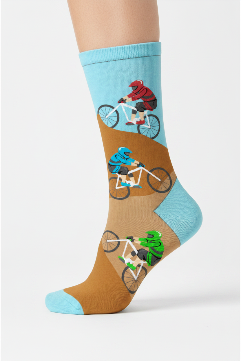 Sock with illustration of cyclists on a mountain bike trail