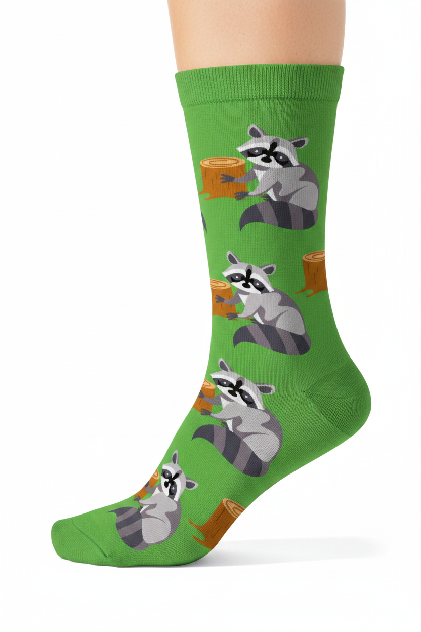 Socks with raccoon design on a green background