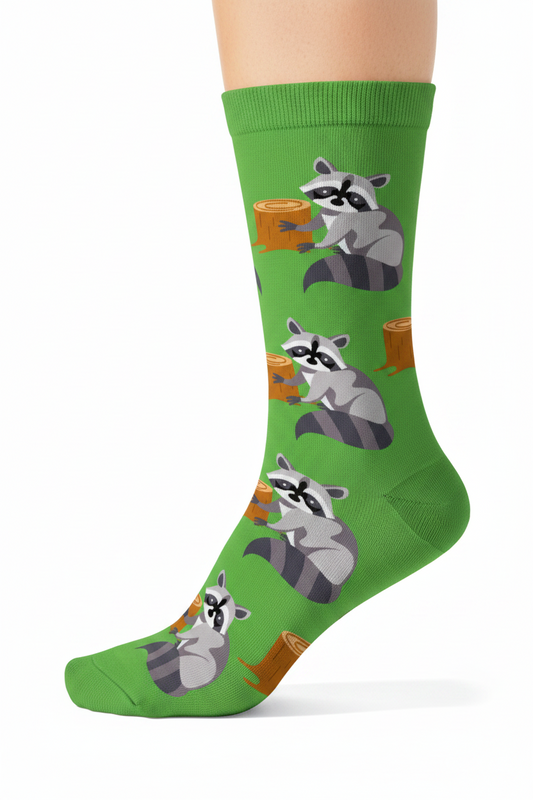 Socks with raccoon design on a green background
