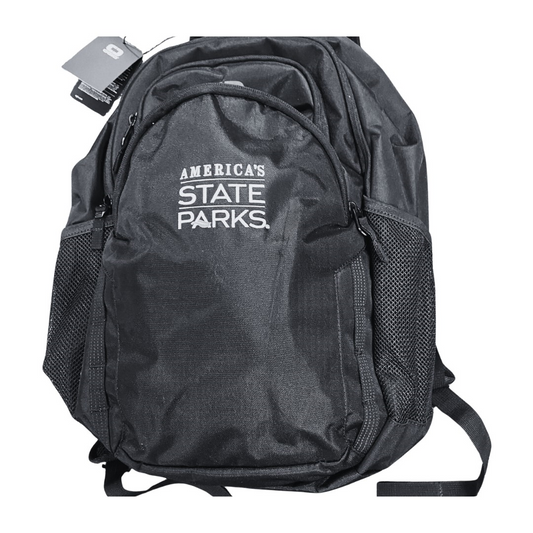 Black backpack with 'America's State Parks' logo in white text