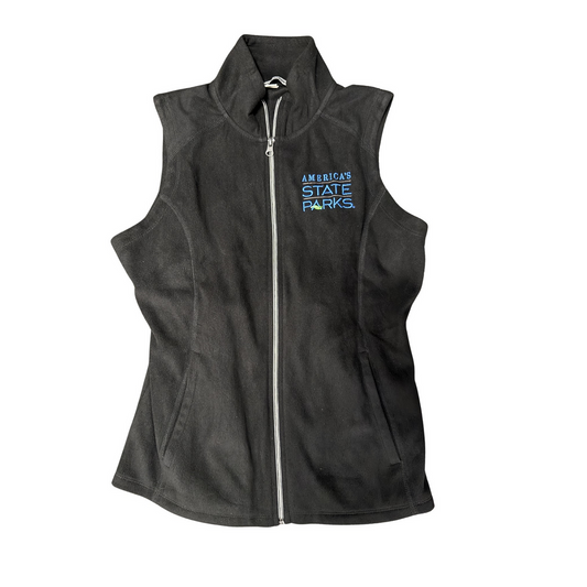 Women's black fleece vest with 'America's State Parks' logo in blue text on the upper left