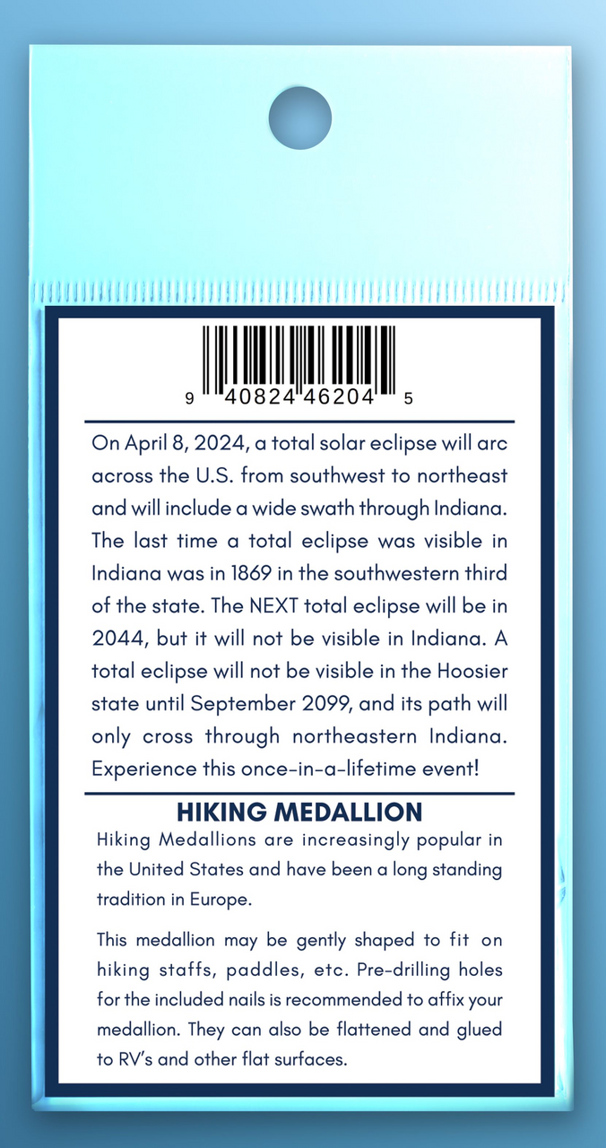Indiana State Parks metal hiking medallion with state outline and 'total eclipse Indiana 2024' text on a white background