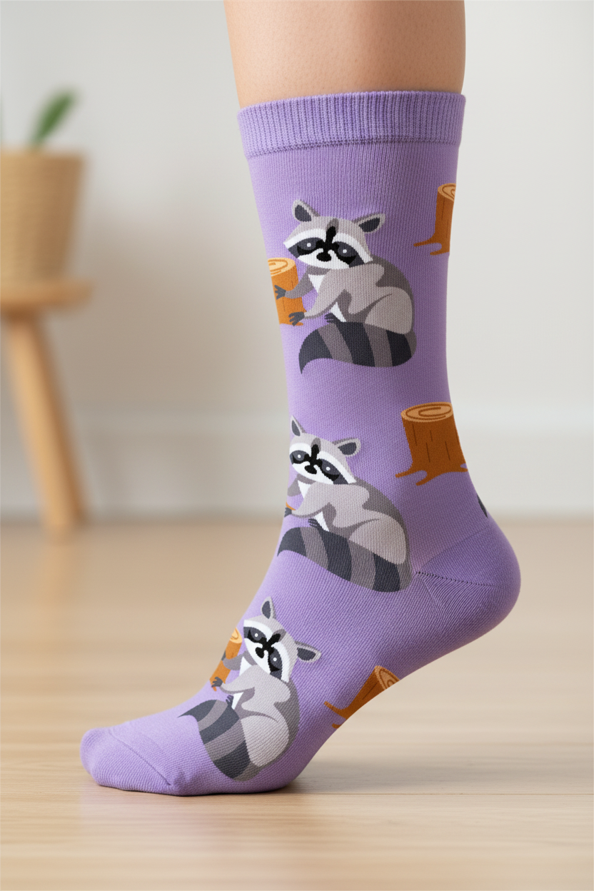 Socks with raccoon design on a purple background