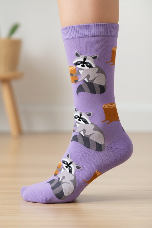 Socks with raccoon design on a purple background
