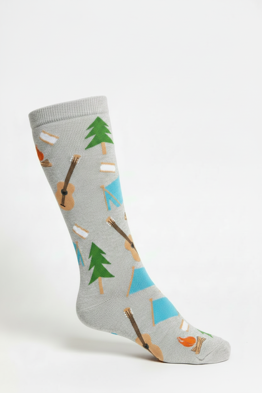 Grey socks with camping imagery such as blue tents, orange campfires, brown guitars, green trees, and s'mores
