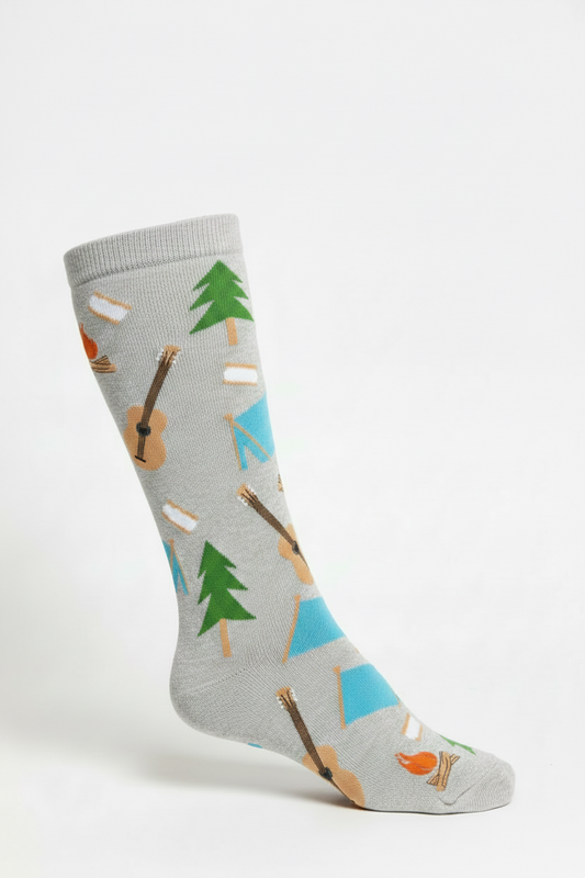Grey socks with camping imagery such as blue tents, orange campfires, brown guitars, green trees, and s'mores