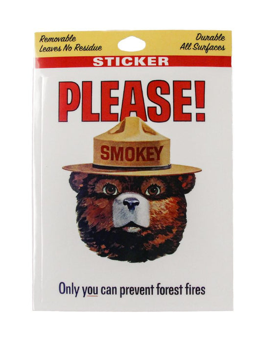 Packaging of a Smokey the Bear sticker with text on a white background