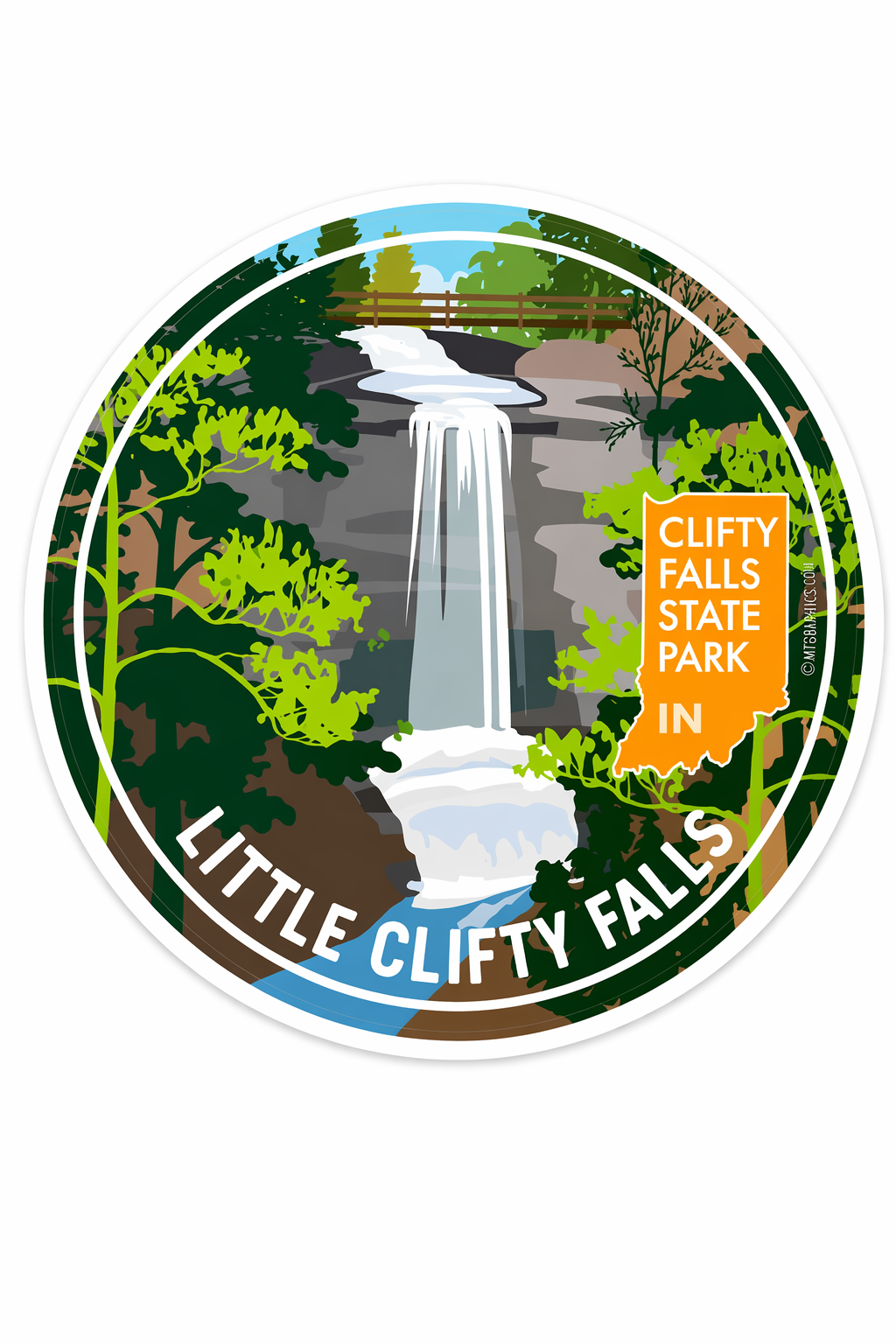 Round sticker showing an illustrated waterfall scene labeled “Little Clifty Falls” with a red state‑shaped badge reading “Clifty Falls State Park IN.”