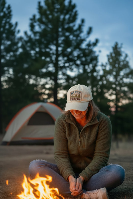 Beige cap with 'Happy Camper' text and graphics on a white background