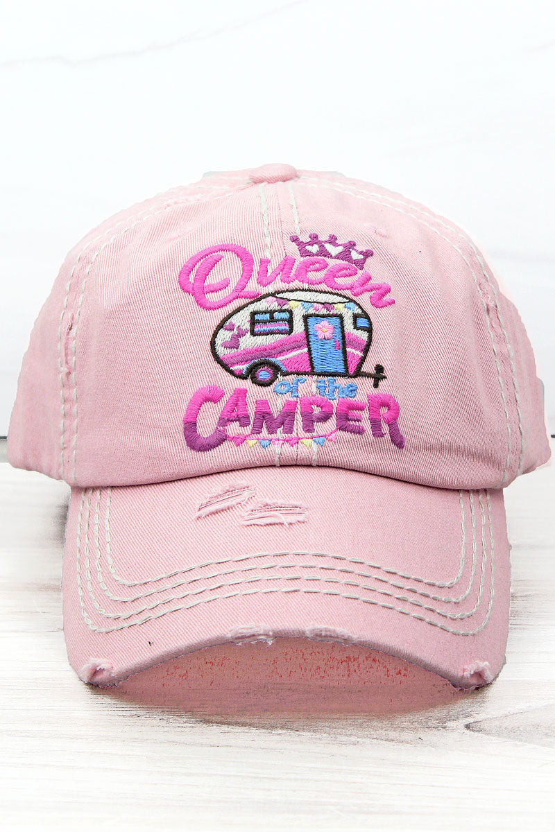 Pink cap with 'Queen of the Camper' text and caravan design on a white background