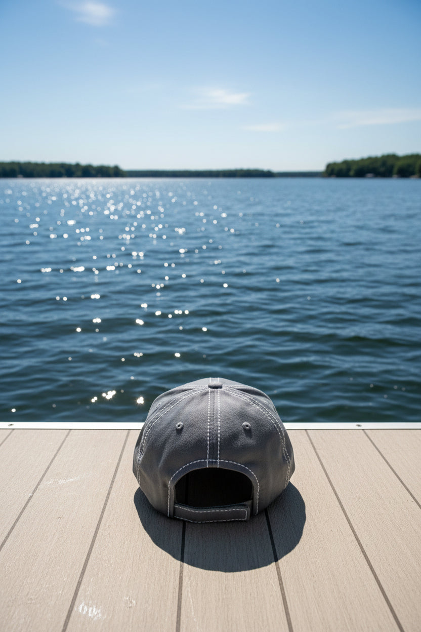 Back of a gray cap with white stitching on a wooden surface