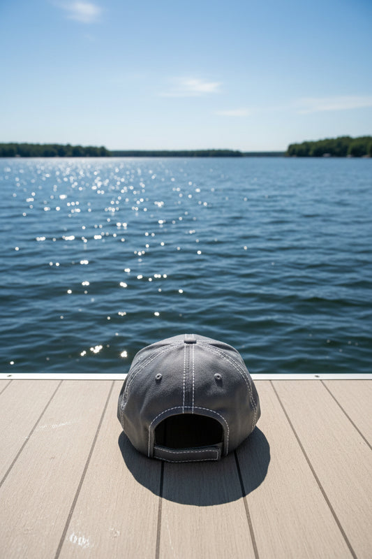 Back of a gray cap with white stitching on a wooden surface