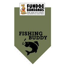 Green bandana with 'Fishing Buddy' text and fish graphic, featuring Fundog Bandanas logo.
