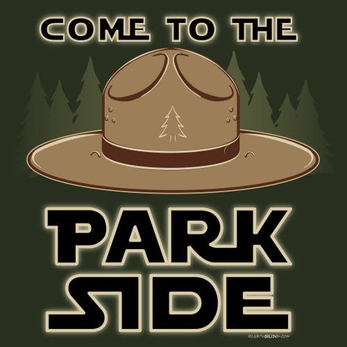 Illustration of a park ranger hat with text 'Come to the Park Side' on a dark green background.