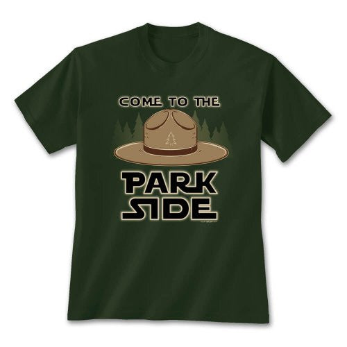 Green t-shirt with a graphic of a hat and text 'Come to the Park Side' on a white background