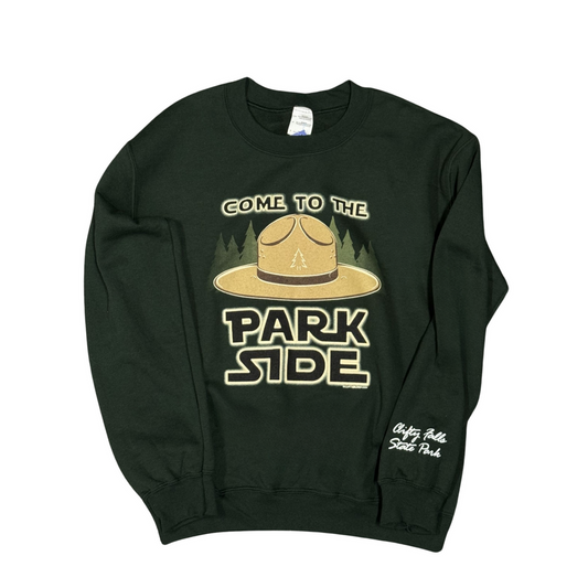 green sweatshirt with a graphic design and text on a white background