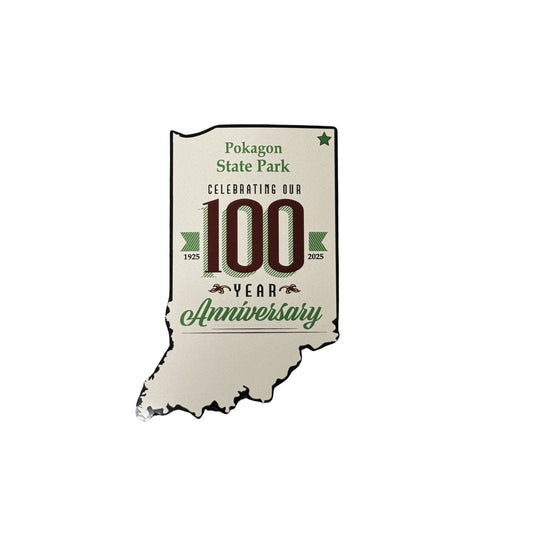Pakagon State Park 100th anniversary sign with state outline design on a white background