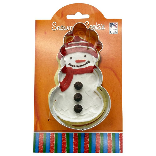 Snowman cookie cutter with packaging on a white background
