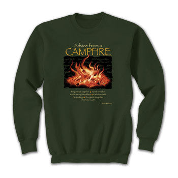 Green sweatshirt with a graphic of flames and yellow text saying 'Advice from a Campfire' on a black background