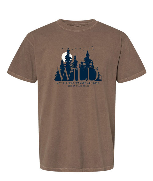 Brown t-shirt with forest graphic and text on a white background
