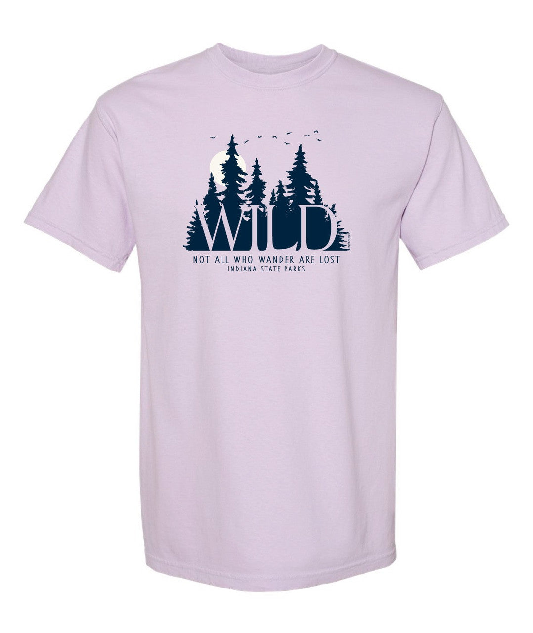 Light purple t-shirt with forest graphic and text on a white background