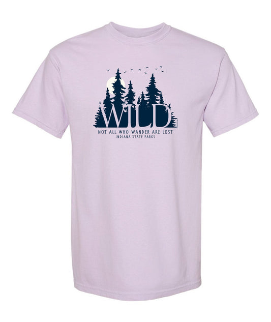 Light purple t-shirt with forest graphic and text on a white background