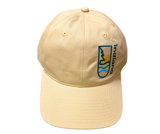 Yellow gold cap with a logo of a tree, hills, and a sun and 'Indiana' in dark green text embroidered on