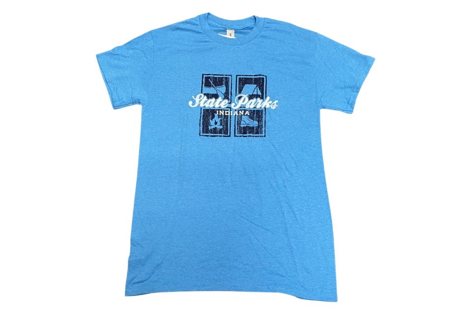 Blue t-shirt with graphic design on a white background