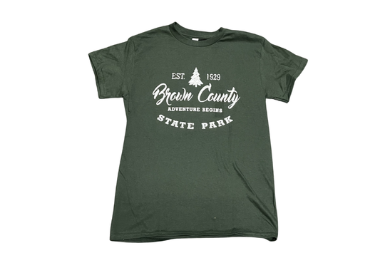 Green t-shirt with white text and graphics on a white background
